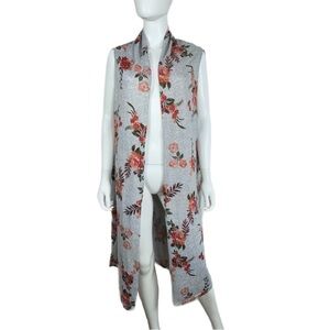 Rouge Collection Floral Sleeveless Gray Knit Long Length Cardigan Duster